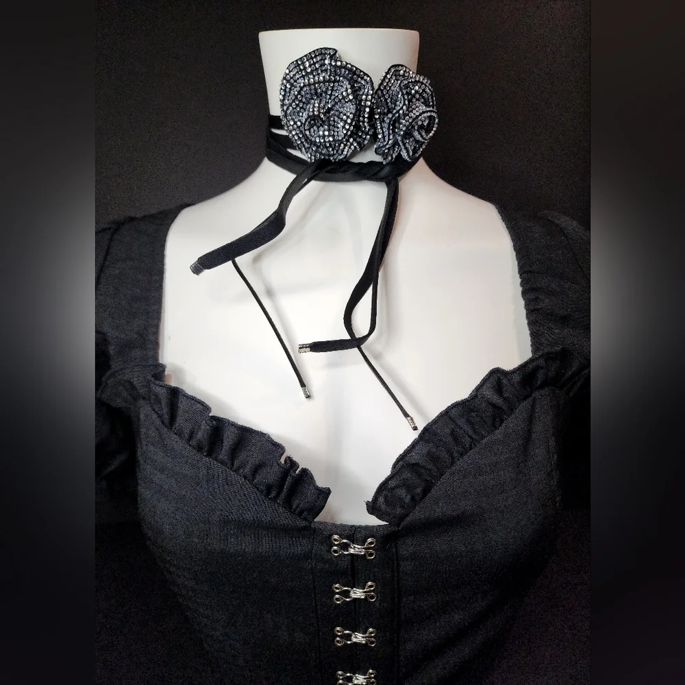 Black Rhinestone Rose Long Tie Choker Necklace